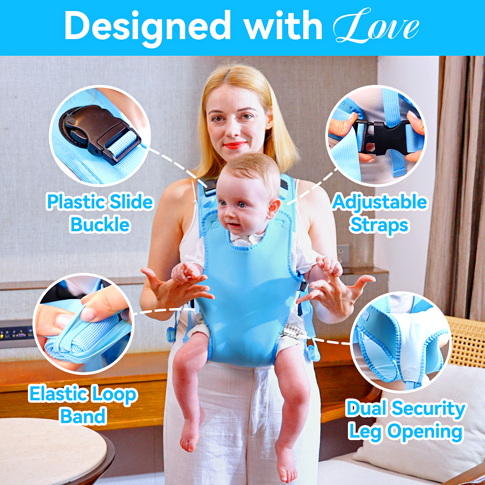 Baby Carrier, Dual-Use Adjustable Baby Sling Support Infant Chest Holder with Drawstring Backpack for Newborn to Toddler 13-33 lbs Swimming Pool Beach Land (Blue)