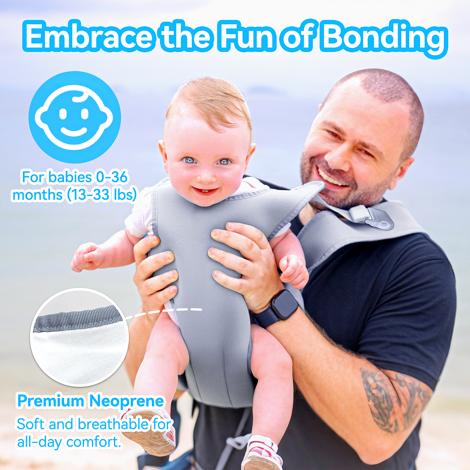 Baby Carrier, Dual-Use Adjustable Baby Sling Support Infant Chest Holder with Drawstring Backpack for Newborn to Toddler 13-33 lbs Swimming Pool Beach Land (Grey)